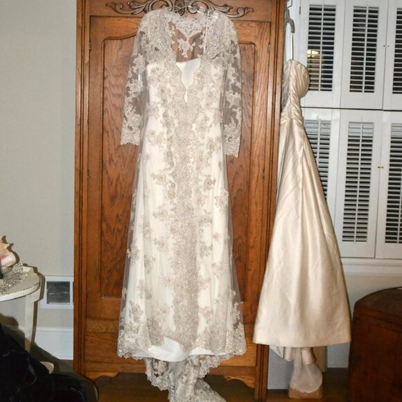 2 piece Vintage Oleg Cassini Collection Ivory Wedding Dress Lace Beaded Jacket 4 - Picture 1 of 16